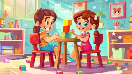 The cartoon illustration features children playing in kindergarten building a cube tower together. There is a large nursery school playroom with furniture, toys, and an area for educational