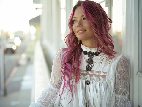 Woman with pink hair posing for picture