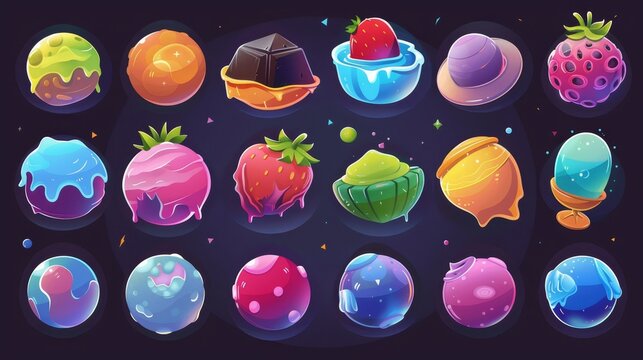 Set of candy space planet game world modern cartoon images, featuring magic chocolate and delicious cream food. Strawberry dessert for the asteroid and jelly green satellite.