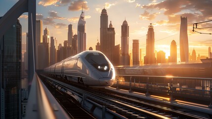 A high speed train traveling fast on a railway bridge in the middle of a built up city at dusk