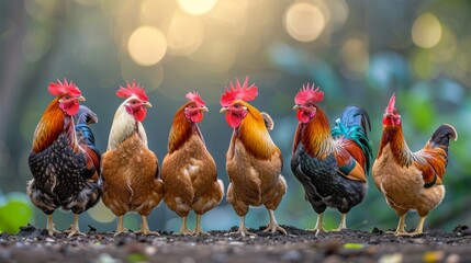 Vibrantly colored hens pecking in the lively farmyard dust, showcasing their beautiful plumage - obrazy, fototapety, plakaty