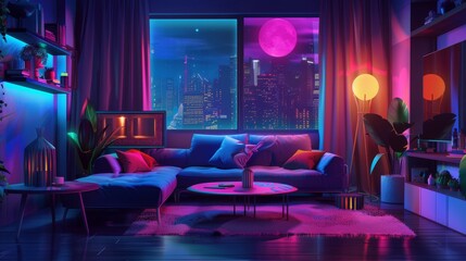 Interior picture of a dark living room at night. A contemporary apartment with a window, a couch, a coffee table, and a carpet. Glowing pink light from a bulb and moonlight enters the modern lounge - obrazy, fototapety, plakaty
