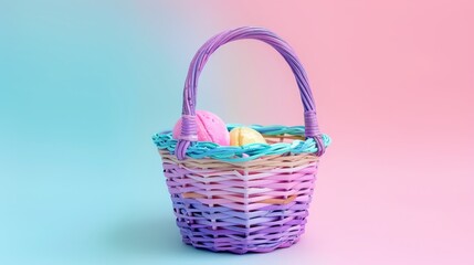 Fototapeta na wymiar A wicker basket overflowing with pastel Easter eggs against a pink and blue ombré background