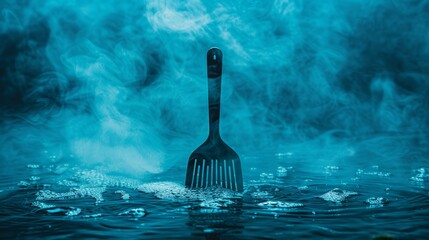   A fork bobbing on a bluish water surface, shrouded in fog, surrounded by water bubbles - obrazy, fototapety, plakaty