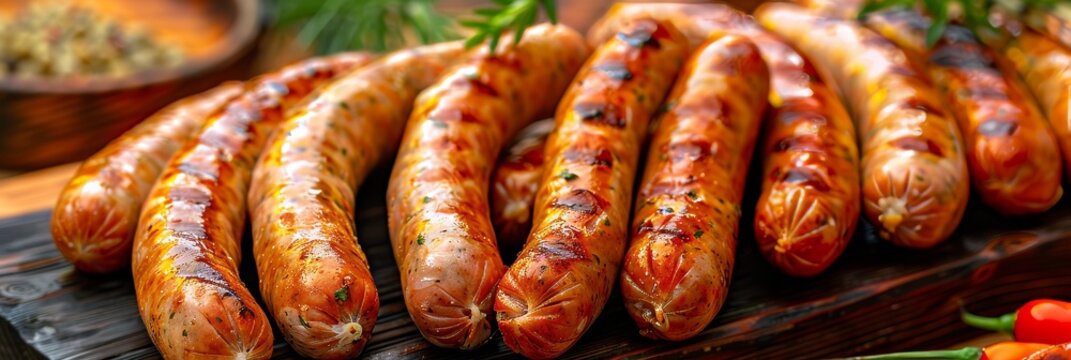 Sumptuous barbecue dinner  perfectly grilled sausages on clean table   realistic food photography