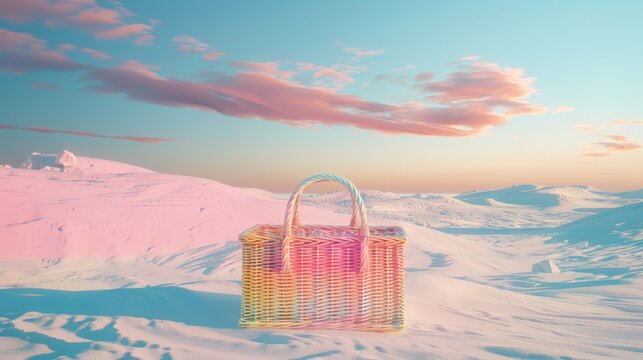   A pink and yellow basket rests in a snow-covered field against a backdrop of a pink sky