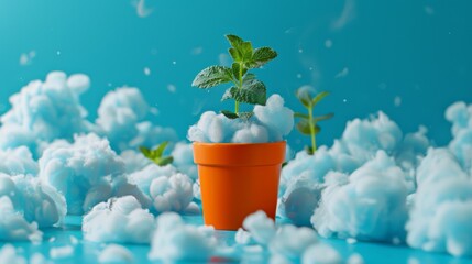   A tiny plant emerges from a pot filled with cotton flakes against a backdrop of a tranquil blue scene, accompanied by a splash of water