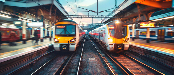 Two trains just arriving at the station in motion blur - obrazy, fototapety, plakaty