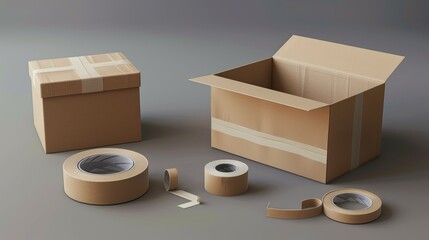 This is a 3D empty delivery cardboard box modern icon. It is isolated in brown color for a shop or warehouse. This is a realistic render of a set of paper product containers. This is a logistic - obrazy, fototapety, plakaty