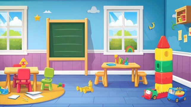 The layout of the classroom of a kindergarten is designed for kids education and play activities - the table and chairs, the chalkboard, and the toys for kids. Cartoon modern illustrations of