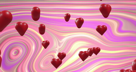 Image of red hearts over multi coloured striped background - obrazy, fototapety, plakaty
