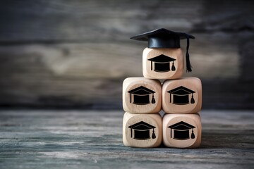 Graduation hat symbols in wooden cubes stacked, representing internet education and professional courses