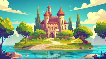 Illustration of a fantasy fairytale medieval house in summer, with a magic princess palace near a lake that has been transformed into a building on an island. Nenuphar lying in swamp water. - obrazy, fototapety, plakaty