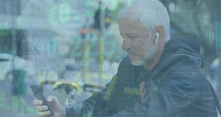 Image of financial data processing over senior caucasian man using smartphone