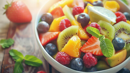 A colorful mix of fresh fruits in a blue patterned bowl, perfect for a summer treat.
