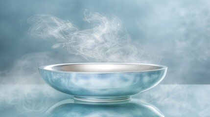   A bowl emitting smoke, positioned on a table against a hazy backdrop