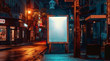 Urban Night Street Scene with Poster Mock-up, Illuminated City Advertisement, and Blank Billboard Ready for Marketing
