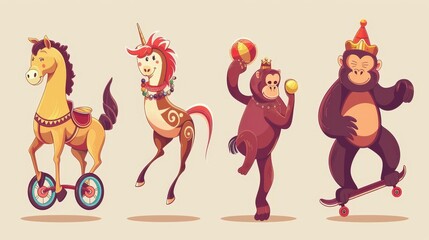 Cartoon modern happy smiling circus animals during performance. Horse standing on unicycle, monkey balanced on unicycle, gorilla skateboarding.
