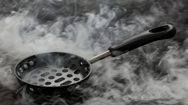   A frying pan sits on a stove, smoke billowing from its bottom, handle upward