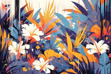 A vibrant vector illustration of tropical plants and flowers, with bold colors like orange, reds, greens, and blues. 