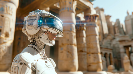 A cybernetic archaeologist, equipped with augmented reality goggles, exploring virtual reconstructions of ancient civilizations