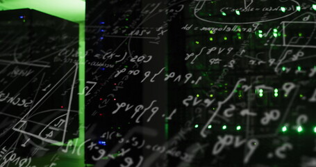 Image of mathematical equation and diagrams against illuminated server rack in server room