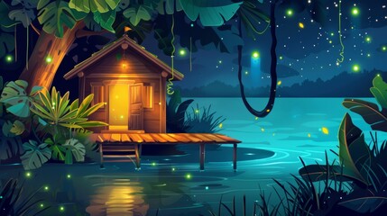 An illustration of a rustic hut in the night forest, with a warm light in the door, a pier on the dark water, lianas on tropical trees, and neon green fireflies shimmering in the dark. - obrazy, fototapety, plakaty