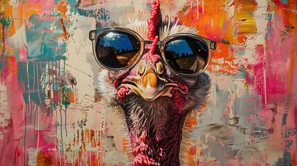 ostrich with sunglasses - obrazy, fototapety, plakaty