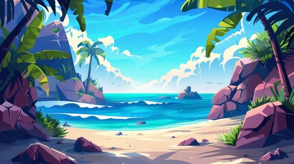Modern illustration of a tropical ocean summer scene with a lagoon and coast. Road leading to a beautiful seaside coast for a vacation. Ideal for any place near the beach. - obrazy, fototapety, plakaty