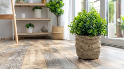   A tight shot of a potted plant on a weathered wood floor, situated by a window In the backdrop, a ladder stands tall - obrazy, fototapety, plakaty