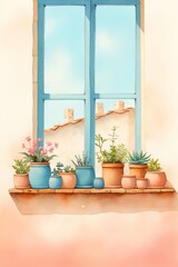 A teal window sill hosting a row of colorful terracotta pots with geraniums on a pastel pink wall ,  illustration