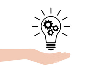 Hand Holding Lightbulb with Gear. Brainstorm, Creativity and Thinking Idea Concept. Vector Illustration. 