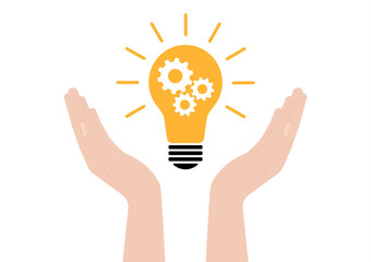 Hand Holding Lightbulb with Gear. Brainstorm, Creativity and Thinking Idea Concept. Vector Illustration. 