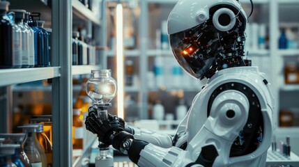 Fototapeta premium Robotic Researcher Conducting Groundbreaking Experiments in Cutting Edge Scientific Laboratory