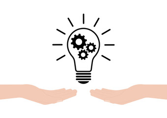 Hand Holding Lightbulb with Gear. Brainstorm, Creativity and Thinking Idea Concept. Vector Illustration. 