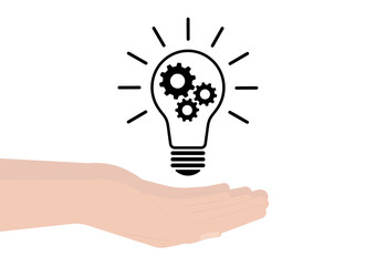 Hand Holding Lightbulb with Gear. Brainstorm, Creativity and Thinking Idea Concept. Vector Illustration. 