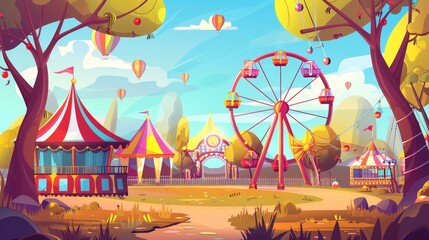 Fototapeta na wymiar Amusement ferris theme illustration with carousel, train, and fest tent panorama landscape. Childish entertainment for vacation graphic.