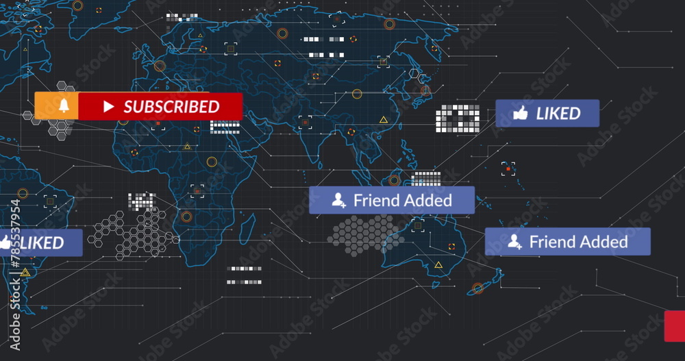 Poster image of text and icon in notification bars over circuit board pattern against map in background