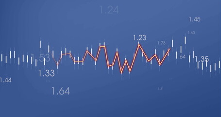 Image of heart rhythm over graph and changing numbers against blue background