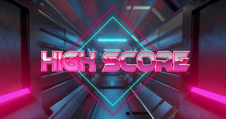 Image of high score text banner over abstract neon shapes against tunnel in seamless pattern