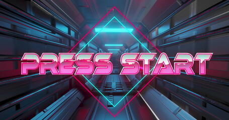 Image of press start text over neon banner against grey tunnel in seamless pattern