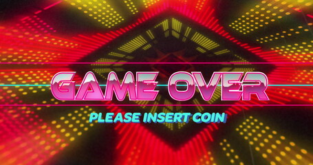 Image of game over text banner against neon abstract shapes in seamless pattern