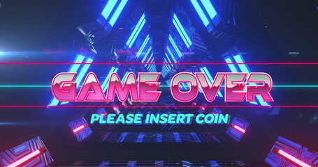 Image of game over and please insert coin text in illuminated triangular tunnel
