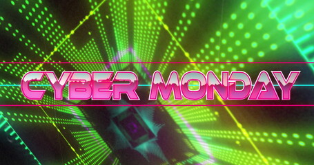 Image of cyber monday text banner against neon abstract shapes in seamless pattern