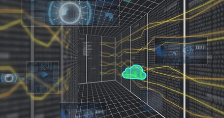Image of circles, clouds, lines moving, computer language, binary codes on model of server room