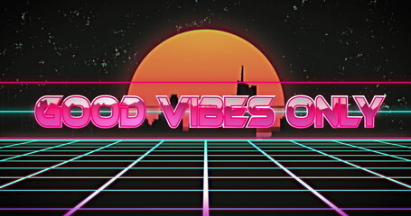 Image of good vibes text banner over neon grid network in seamless pattern and cityscape
