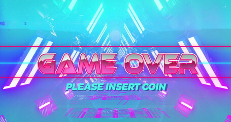 Image of game over text banner against neon tunnel in seamless pattern