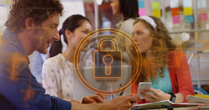 Image of security padlock and connections over diverse business people in office