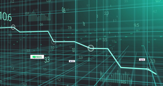 Image of graph over numbers and icon in message boxes with changing numbers and graphs