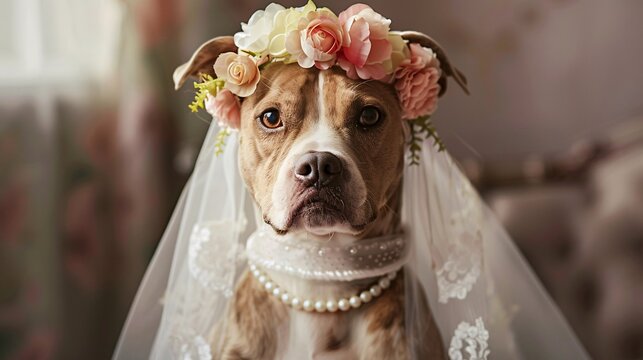 Realistic picture featuring a dog dressed as a bride, wearing a white gown, floral crown, and pearl necklace, with an affectionate expression, set against a backdrop of soft, natural lighting 01